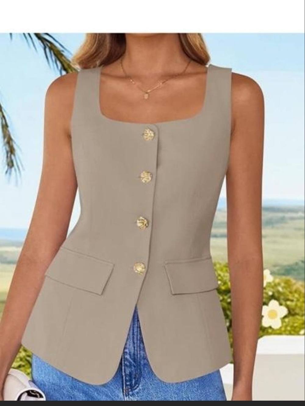 Tailored Square-Neck Vest Jacket in Taupe with Gold Buttons